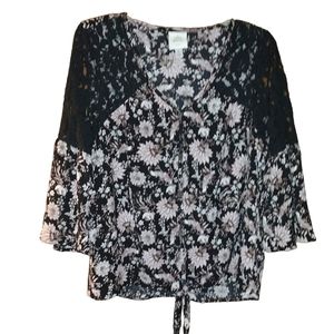 Knox Rose Button Down Tie Waist Blouse w/ Lace Shoulders and Bell Sleeves